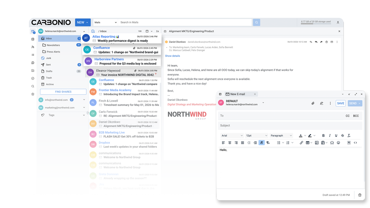 Dossiers partagés, étiquettes et invitations intégrées au message